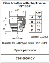 Cargar imagen en el visor de la galería, Tapón de llenado y ventilación macho BSPP de 1/2" Hydronit C86100001 con válvula de retención