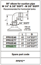 Cargar imagen en el visor de la galería, Codo macho BSPT de 3/8" de 90° Hydronit PP02E77 para tubería de succión de 77 mm de largo