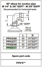 Cargar imagen en el visor de la galería, Codo macho BSPT de 3/8&quot; de 90° Hydronit PP02E77 para tubería de succión de 77 mm de largo 
